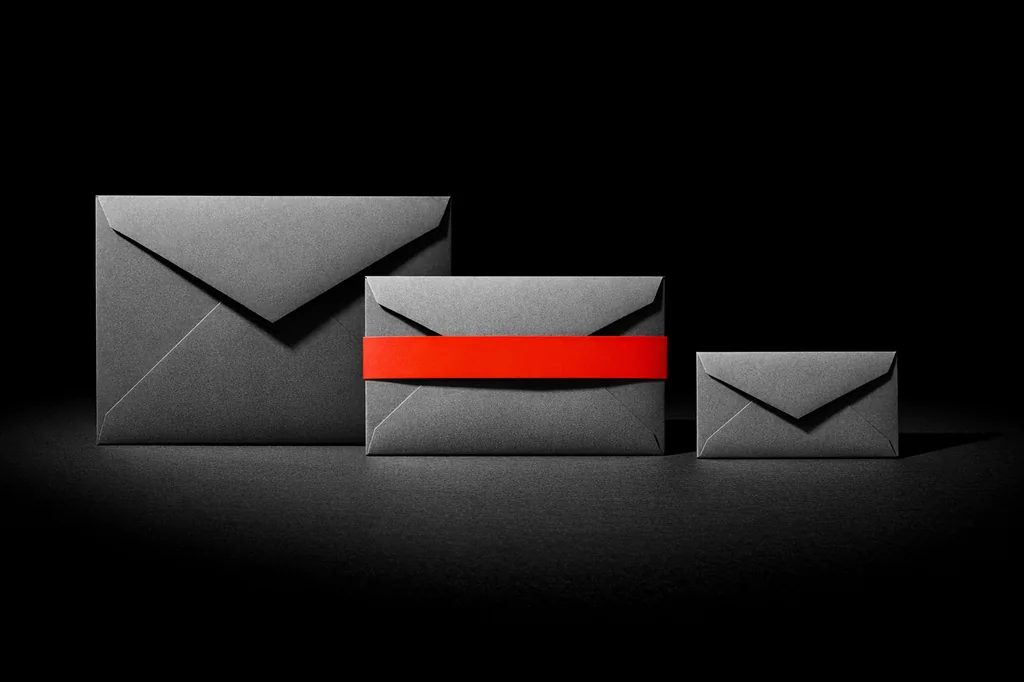 Three sealed envelopes of descending sizes on black surface, middle envelope wrapped with a matte vermillion band, representing bonus tier sizes