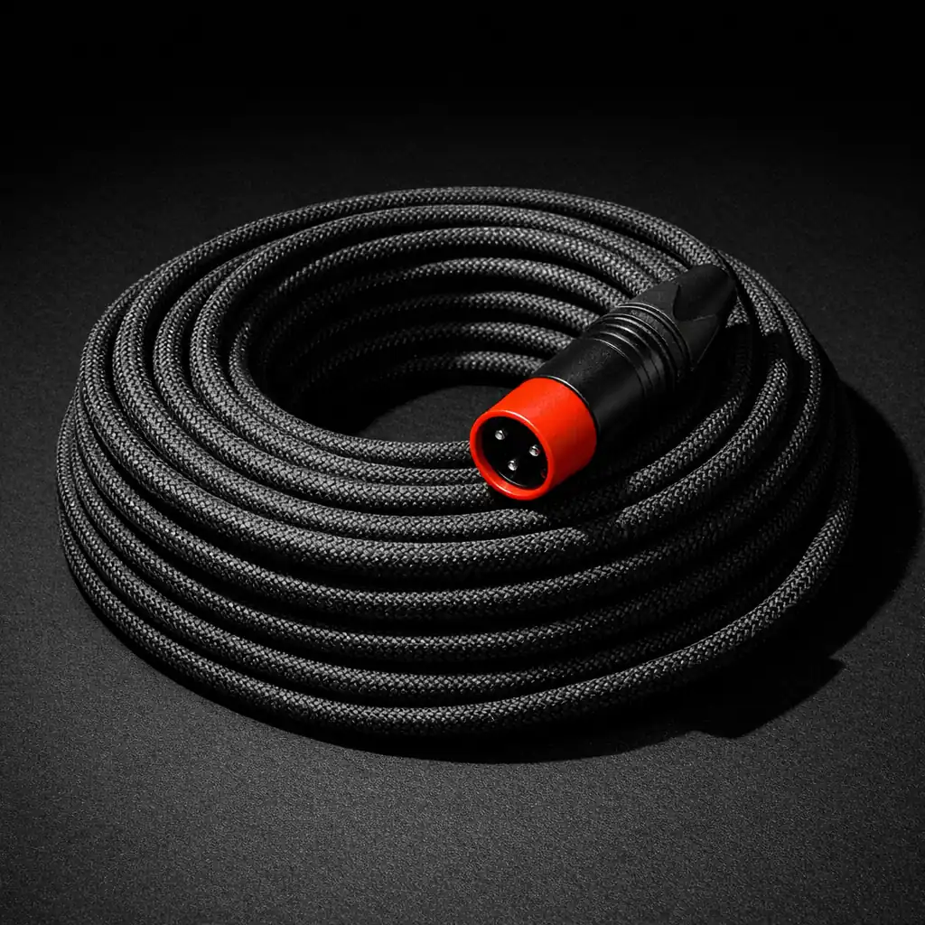 A coiled broadcast XLR cable with a matte vermillion end-cap connector, illustrating stream quality and latency at non gamstop live casino operators