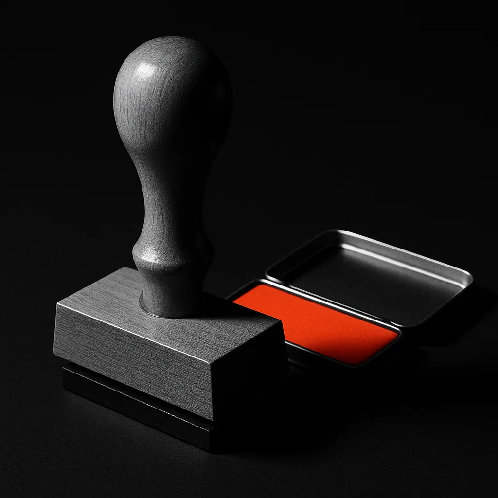 Rubber stamp beside a vermillion ink pad, signalling the licence dispatch that backs a new offshore casino.